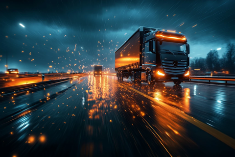 黑卡车高速行驶雨夜路