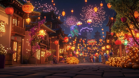 挂满彩灯和烟花的中式街道夜景