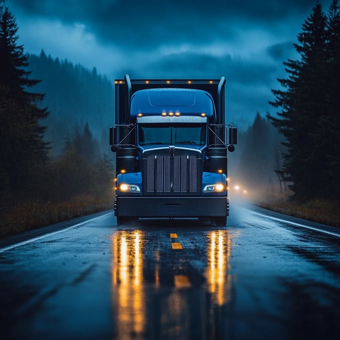 蓝色半挂车湿滑路面