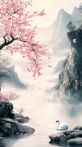 桃树水雾岩石白鹅