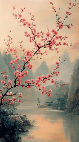 桃枝鱼影山水画
