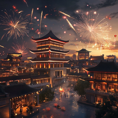 古建筑夜景搭配绚烂烟花的热闹景象