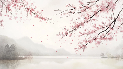 樱花飘落山水间