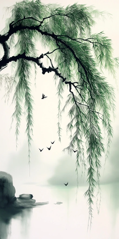 柳树枝头小鸟飞舞