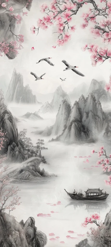 莲花舟中桃枝飞鹤山水画