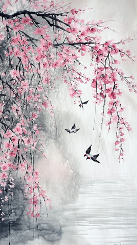 桃树花开柳枝轻摇燕子飞舞