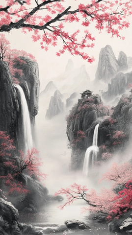 樱花瀑布云雾山石