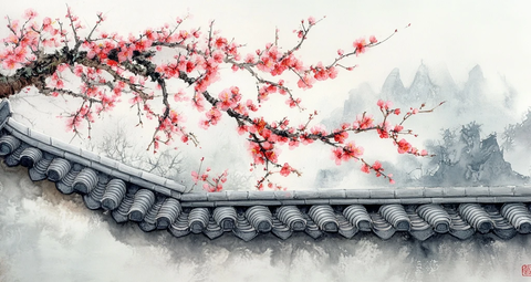 灰瓦屋檐梅花图
