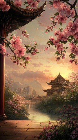 樱花绿枝垂下檐下风景