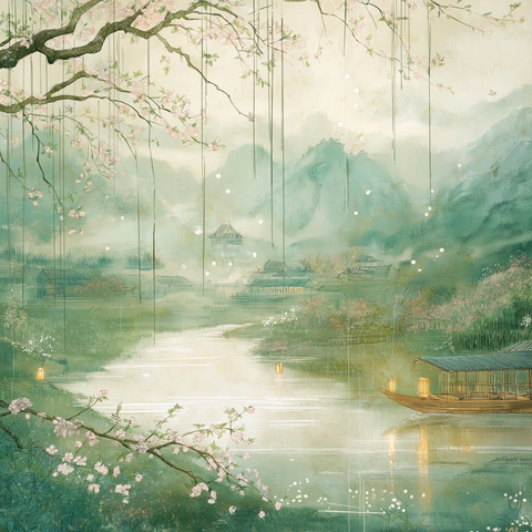 春雨柳枝桃瓣山雾村庄