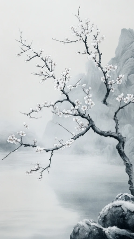 河畔梅树冬日雾气