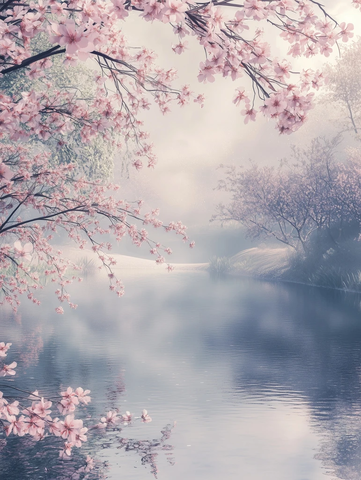 樱花枝条倒映平静水面