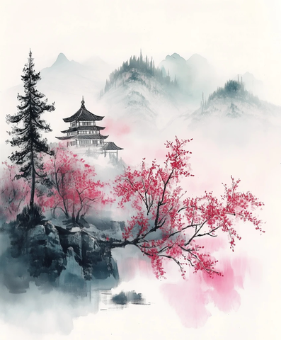 樱花墨绘松树寺庙