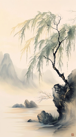 春日柳树轻拂山间