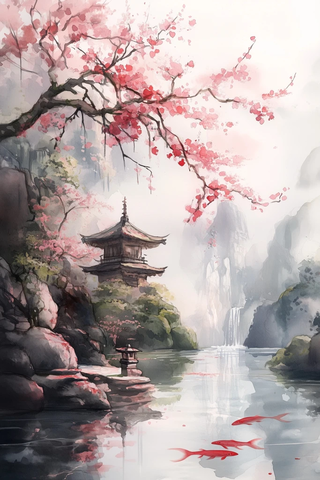 樱花飘落宁静池塘