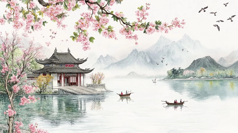 湖岸繁花绿树古建春景