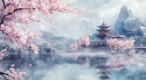 樱花浮水古建山云