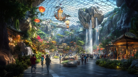 穹顶下热闹非凡的大型室内景观区