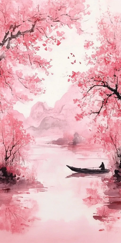 桃花源渔舟墨画