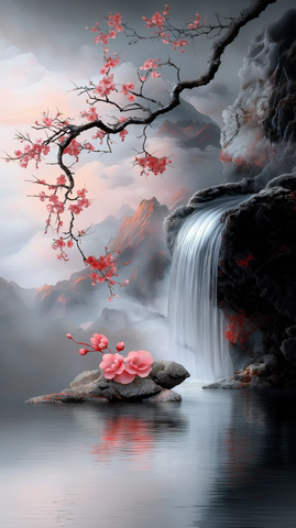 竹岛瀑布与云水倒影