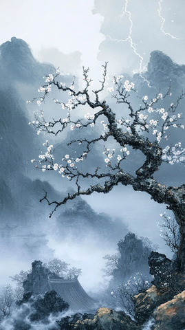 春夜雷击白梅树雾中古寺
