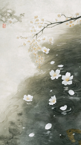 春日溪流落花静景