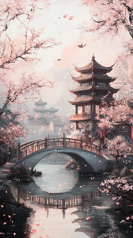 春日山水亭台桥流水