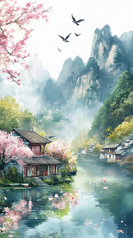 河流沿岸花草树木与燕子