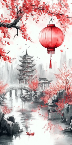 河畔桃花灯笼宝塔