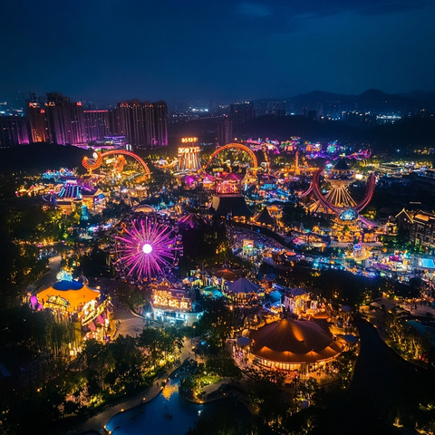 灯火璀璨的大型游乐园夜景俯瞰全景
