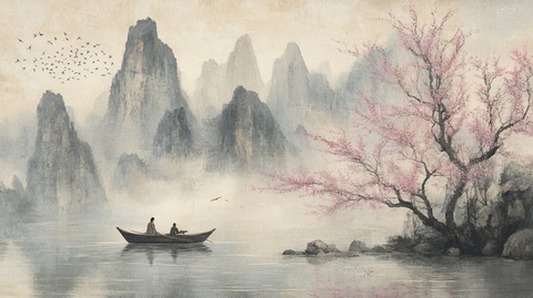 小舟浮水樱树花开