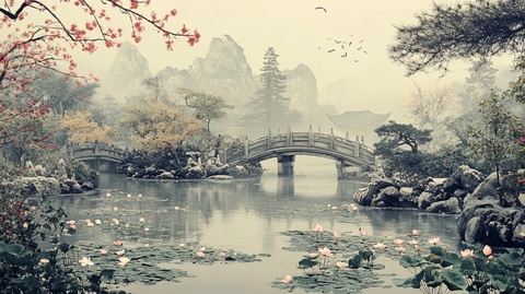 桃花松树小桥流水