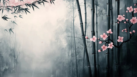 竹桃相映墨韵自然
