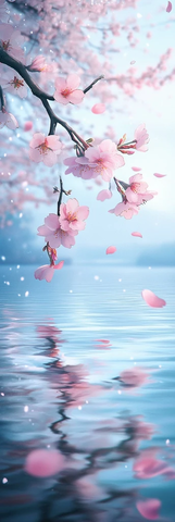 樱花瓣风中舞动水面倒影