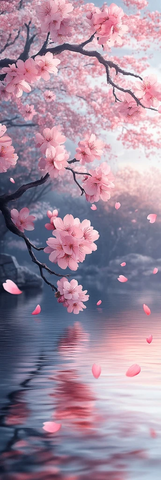 樱花瓣飘落水面倒影