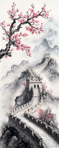 长城墨画桃花交错图