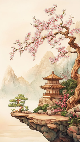 樱花盆景木刻版画