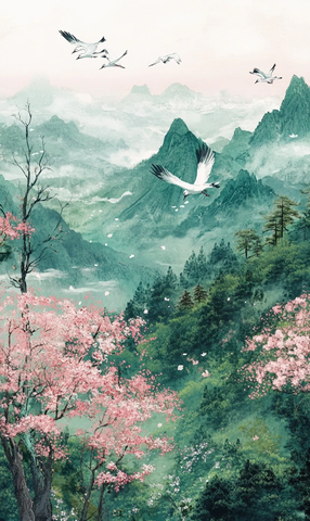 白鸟飞翔绿林樱花