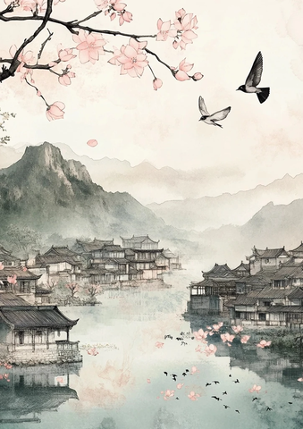 桃花枝头燕飞舞莲荷点水龙蜻蜓