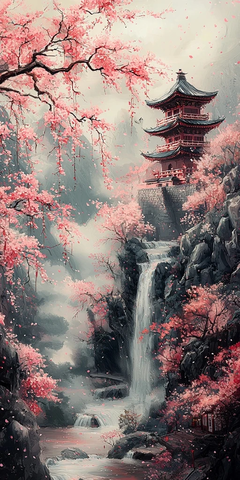 樱花巨树寺庙雾气河流