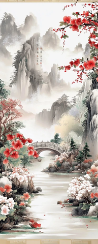 山水红白花朵小桥流水