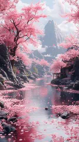 樱花飘落河面月光下