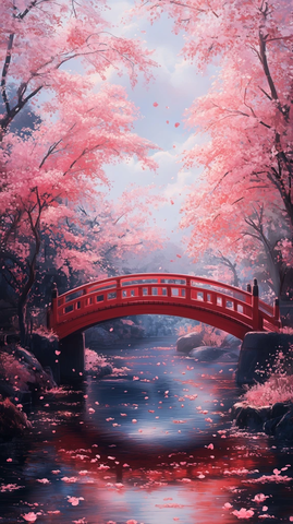 樱花桥流水粉彩风景