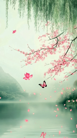 柳绿花红蝶舞莲开