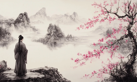 诗人李白观山河樱树图