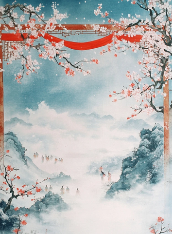 红绸拱门梅枝桃花冬雪