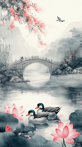 莲花湖上双鸭戏水