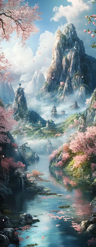 山川河流与樱花梨树