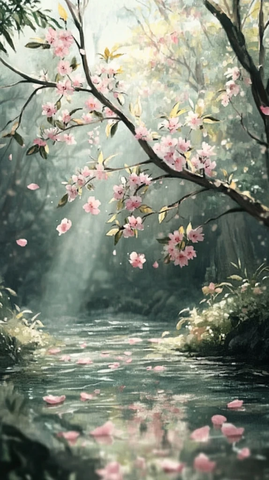 桃树花开溪水飘落花瓣