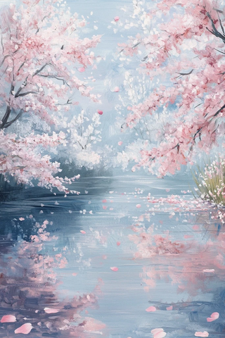 樱花飘落静水映照
